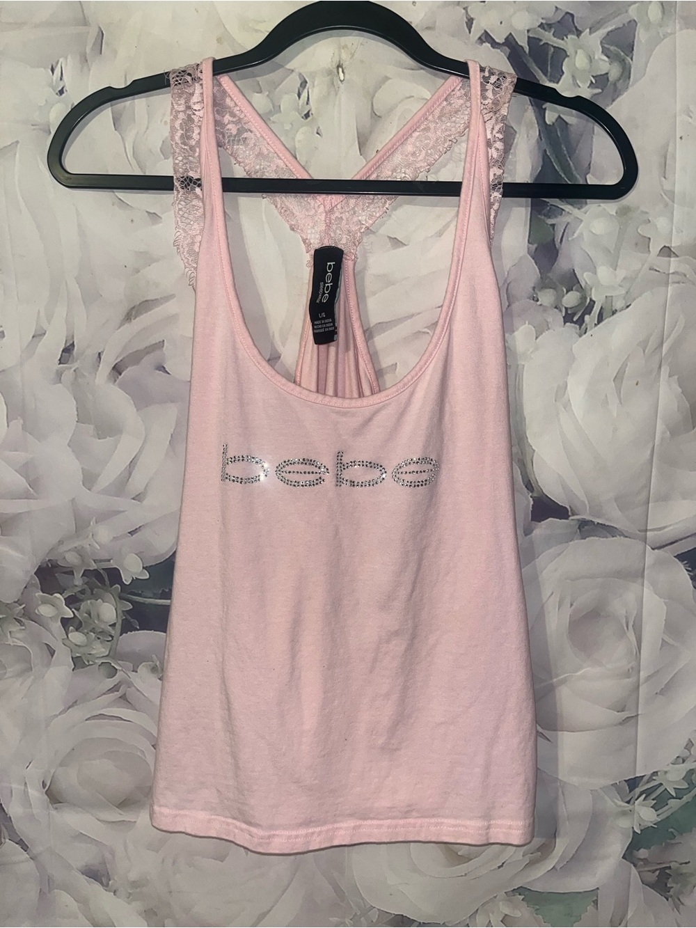 Bebe Vintage Y2K Lace Trim Rhinestone Women’s Sleepwear Pink Tank Top Sz Large